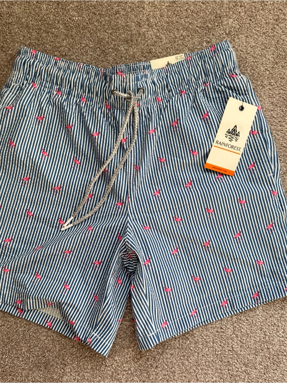 NWT Rainforest Men’s Swim Trunks Size S Flamingo Blue White Stripe 7” Quick Dry